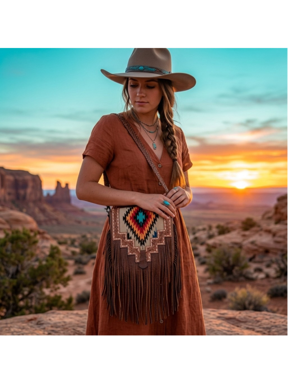 American Darling Black and Turquoise Dreams Saddle Blanket Fringe Crossbody Bag
